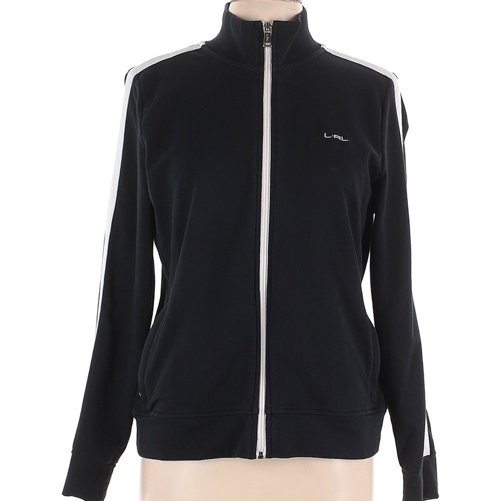 EUC Vintage Lauren Ralph Lauren Active black track jacket white stripes sleeves - Picture 2 of 9